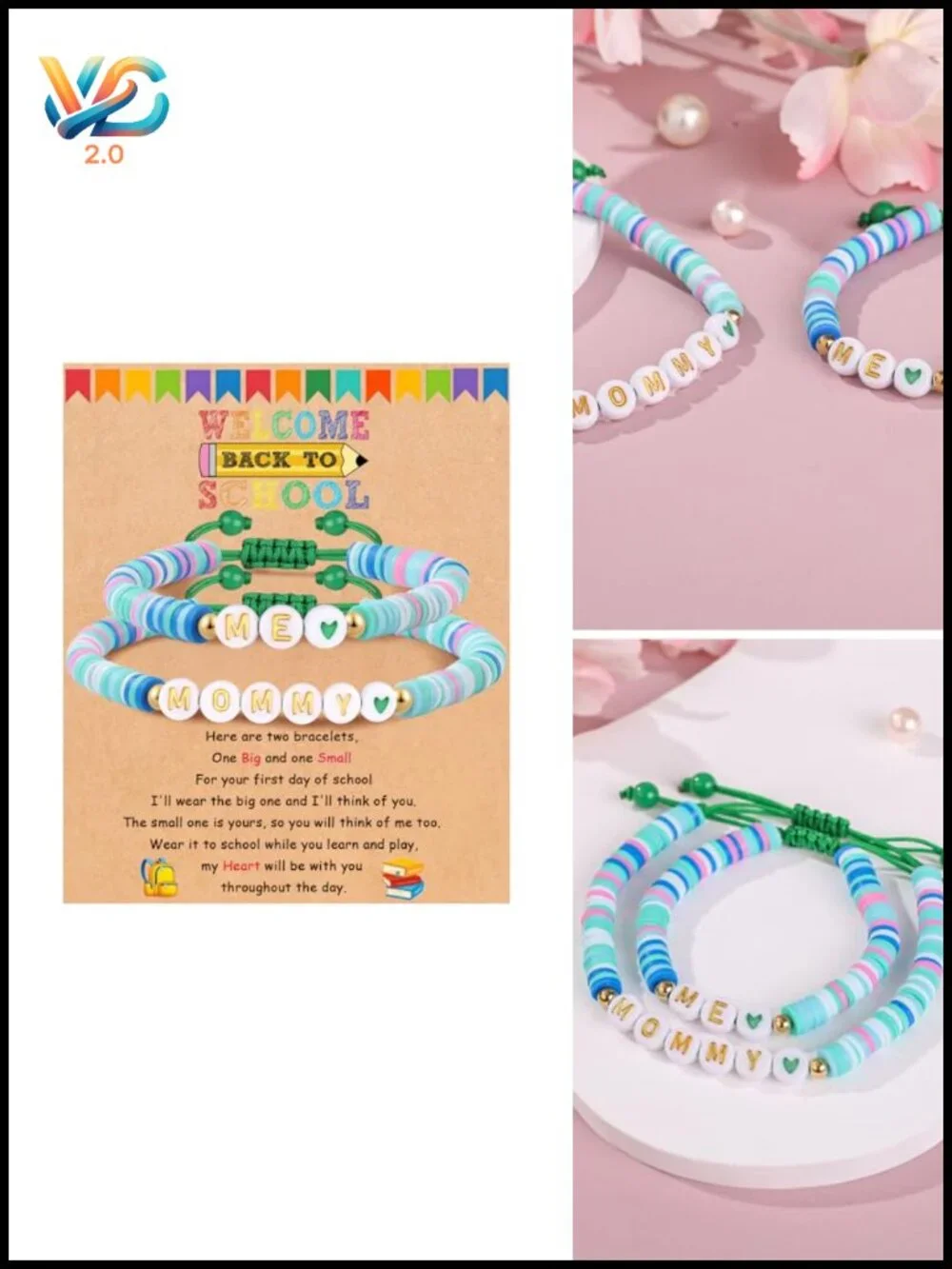 Adjustable Clay Bead Mommy and Me Bracelets Back to School Gift Set